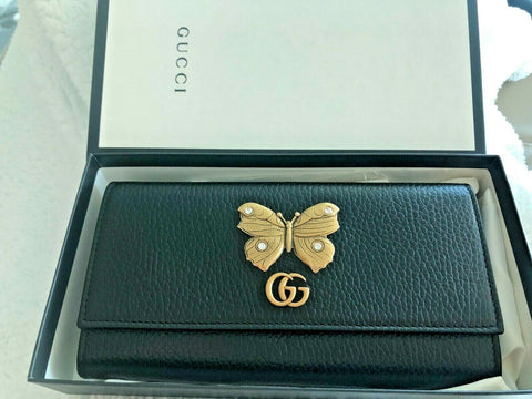 Gucci Black Butterfy Gold Marmont GG Foldover Snap Wallet Italy Box Leather NEW