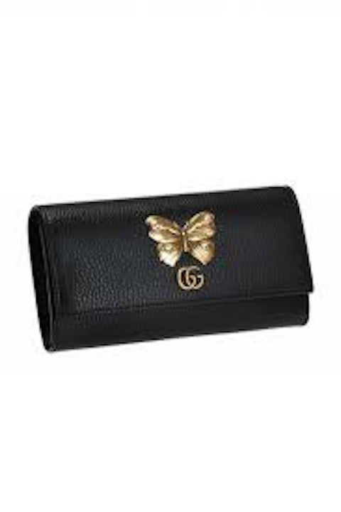 Gucci Black Butterfy Gold Marmont GG Foldover Snap Wallet Italy Box Leather NEW