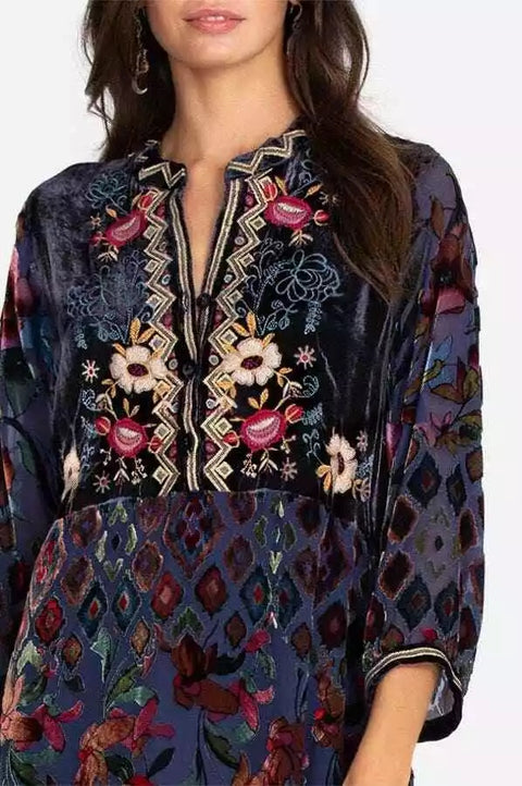 Johnny Was Clara Burnout Leda Button Top Floral Navy Black Velvet Shirt Small NEW