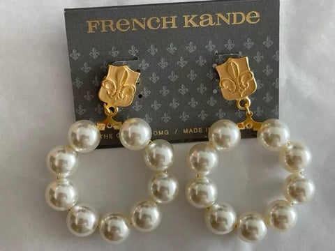 French Kande White Fdl Pendant Faux Pearl Medallion Hoop Earrings Gold Plate NEW