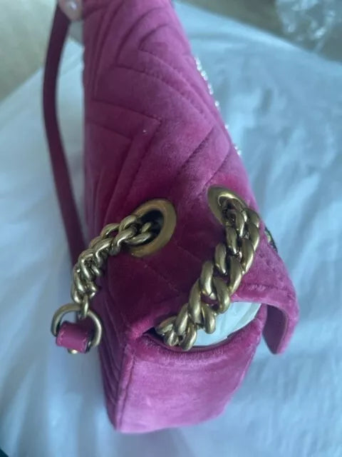 Gucci Blind For Love Pink Rose Velvet Handbag Bag Marmont GG Gold Purse Italy NEW