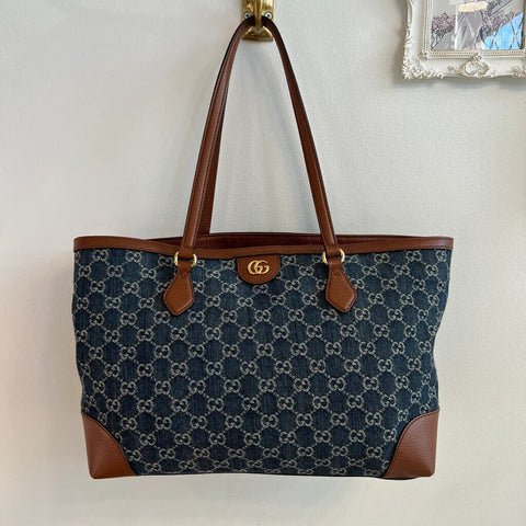 Gucci Ophidia GG Jacquard Denim Blue Brown Tote Bag Italy Leather Handbag New