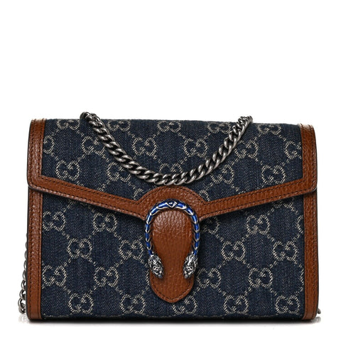 Gucci Dionysus GG Mini Chain Wallet Brown Denim Bule Crossbody Handbag Italy NEW