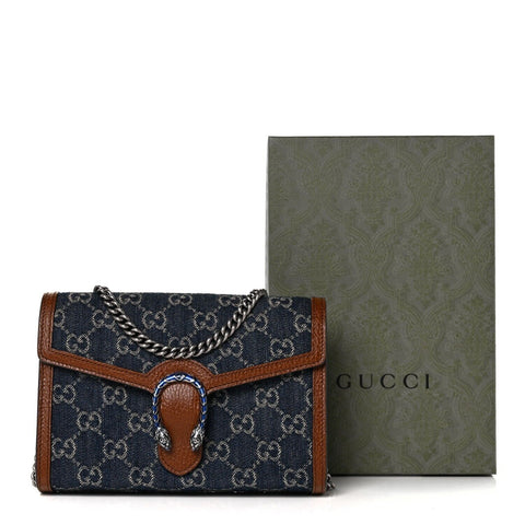 Gucci Dionysus GG Mini Chain Wallet Brown Denim Bule Crossbody Handbag Italy NEW