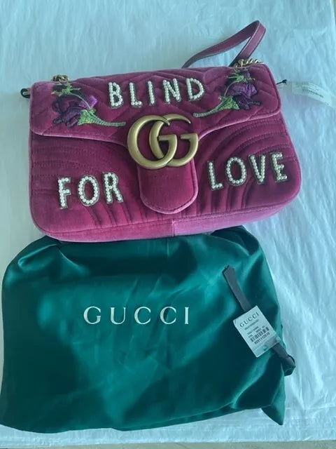 Gucci Blind For Love Pink Rose Velvet Handbag Bag Marmont GG Gold Purse Italy NEW