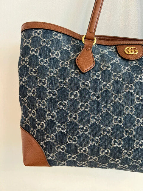 Gucci Ophidia GG Jacquard Denim Blue Brown Tote Bag Italy Leather Handbag New