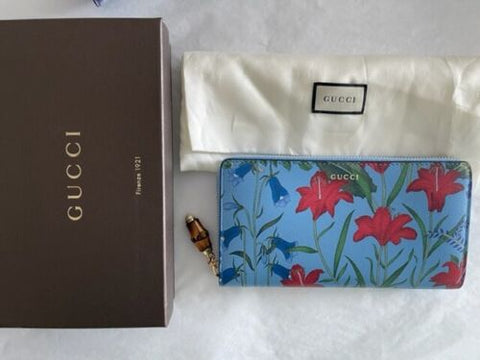 Gucci Nymphae Azure Shanghai Blue Large Floral Zip Around Wallet Purse Bag New