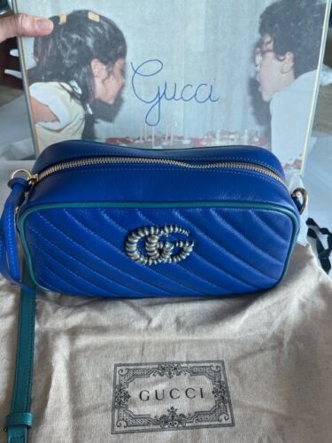 Gucci Marmont Gg Small Blue Matelasse Leather Shoulder Bag Handbag NEW