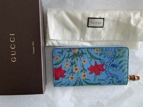 Gucci Nymphae Azure Shanghai Blue Large Floral Zip Around Wallet Purse Bag New