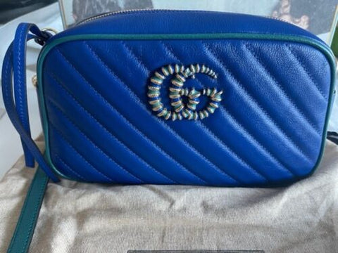 Gucci Marmont Gg Small Blue Matelasse Leather Shoulder Bag Handbag NEW