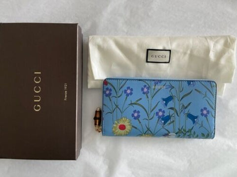 Gucci Nymphae Azure Shanghai Blue Large Floral Zip Around Wallet Purse Bag New