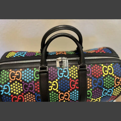 Gucci Psychedelic Black Boston GG Large Leather Travel Luggage Duffle Bag New