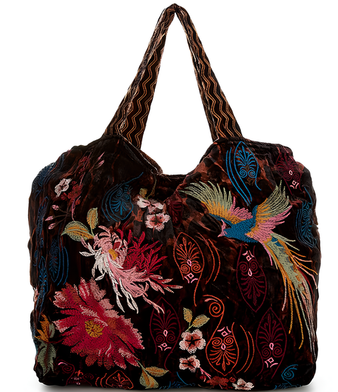 Johnny Was Ashira Velvet Tote Bag Floral Bird Tiger Eye Brown Handbag Purse New