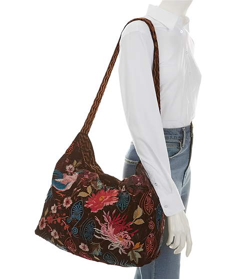 Johnny Was Ashira Velvet Tote Bag Floral Bird Tiger Eye Brown Handbag Purse New