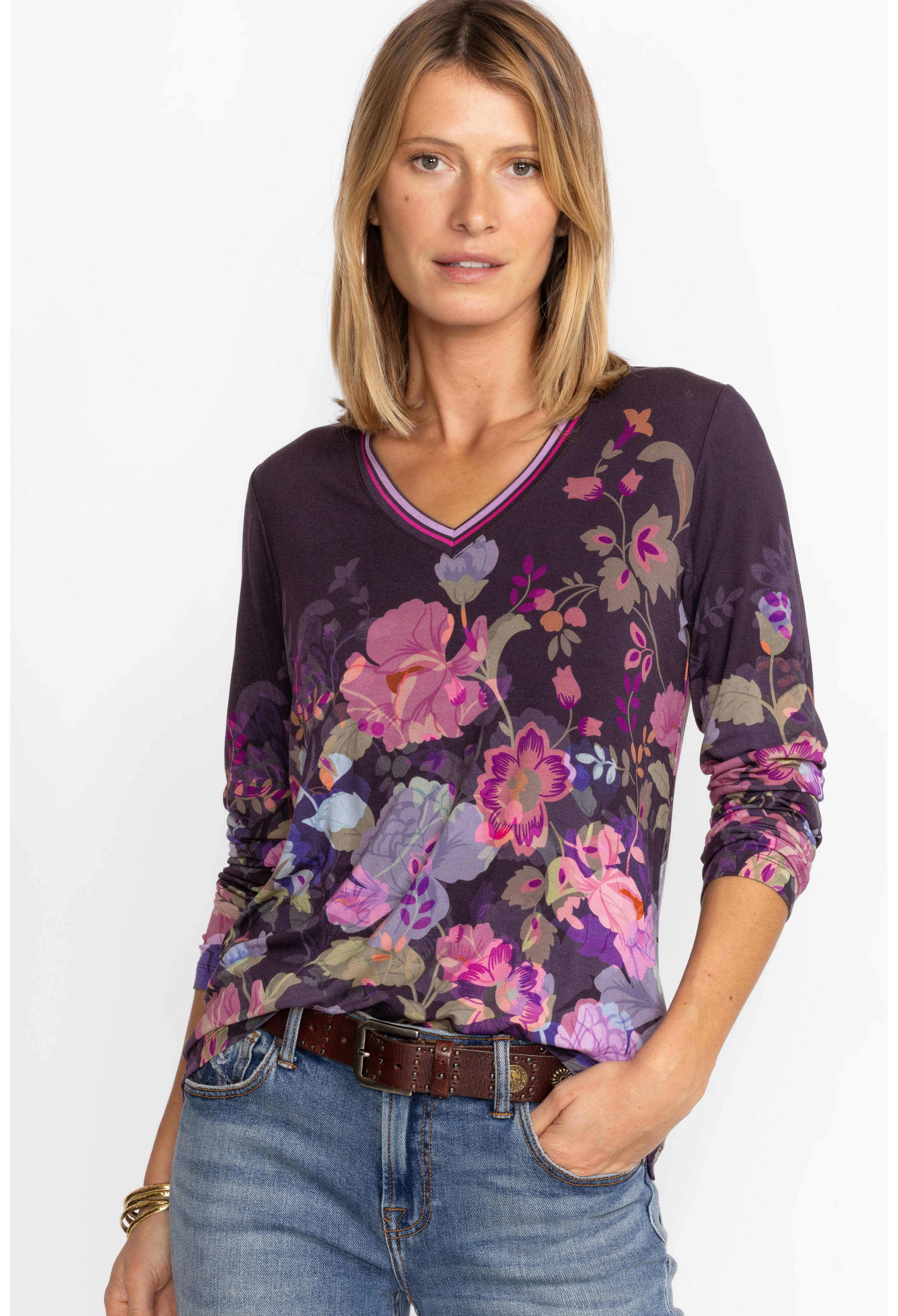 Johnny Was Long Sleeve Top Dark Purple Velvet Embroidered outlet on Front Medium