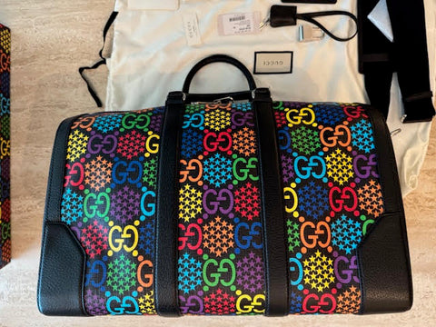 Gucci Psychedelic Black Boston GG Large Leather Travel Luggage Duffle Bag New