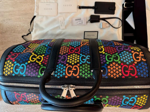 Gucci Psychedelic Black Boston GG Large Leather Travel Luggage Duffle Bag New