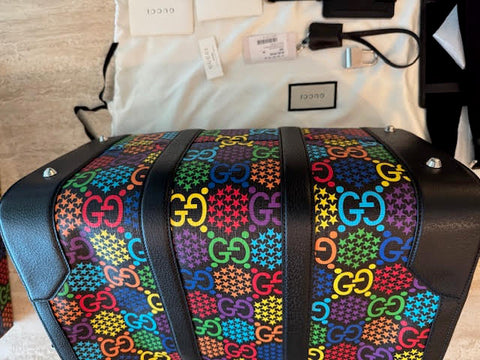 Gucci Psychedelic Black Boston GG Large Leather Travel Luggage Duffle Bag New