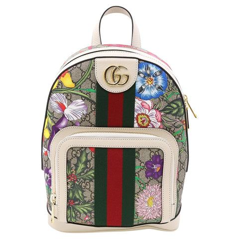 Gucci Ophidia Flora Beige White Leather Canvas Backpack Handbag Bag Italy NEW