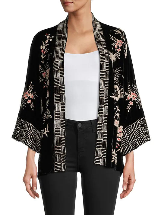 Johnny Was Valentina Velvet Cropped Kimono Jacket Top Black Floral Emb Bag Lady Shop