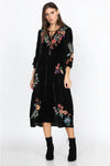 Johnny Was Ardell Velvet Boho Midi Dress Floral Embroidery Flowers Black 3X NEW