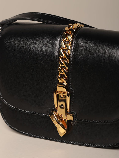 Gucci mini Sylvie Leather Gold chain Black handbag Bag NEW