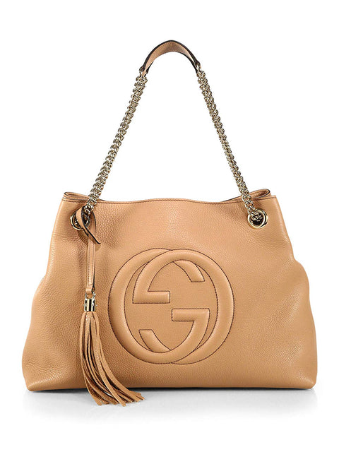 Gucci Camelia Camel Pebbled Beige Leather Soho Shoulder Handbag Purse Large NEW