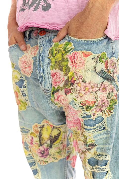 Magnolia Pearl 371 Cotton Floral Pants Applique Miner Denims Wash Pant Blue NEW