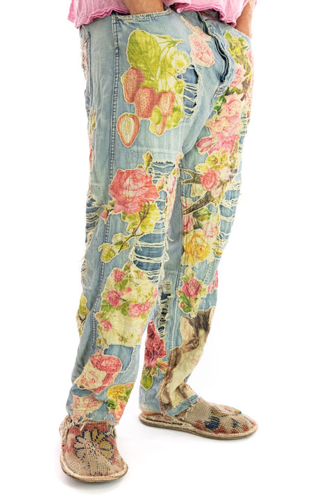 Magnolia Pearl 371 Cotton Floral Pants Applique Miner Denims Wash Pant Blue NEW