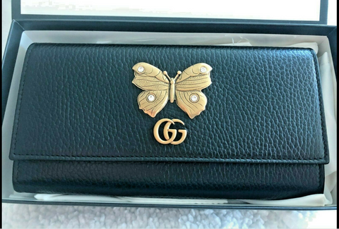 Gucci Black Butterfy Gold Marmont GG Foldover Snap Wallet Italy Box Leather NEW