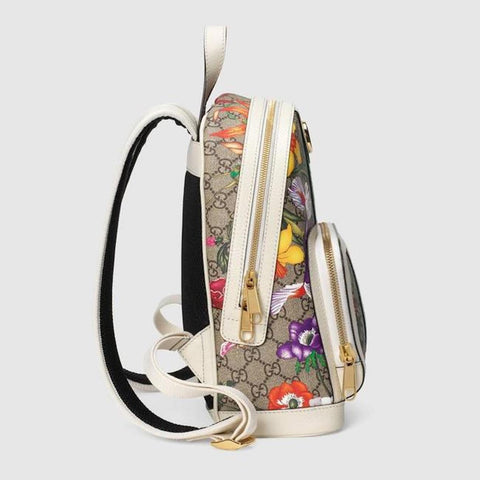 Gucci Ophidia Flora Beige White Leather Canvas Backpack Handbag Bag Italy NEW