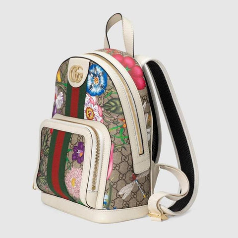 Gucci Ophidia Flora Beige White Leather Canvas Backpack Handbag Bag Italy NEW