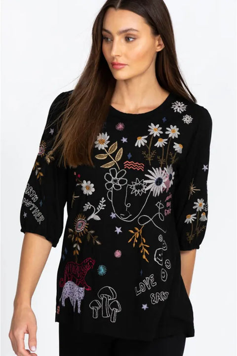 Johnny Was Soho Puff Long Flower Shirt Embroidery Floral Tee Black Top Small NEW