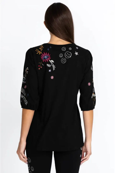 Johnny Was Soho Puff Long Flower Shirt Embroidery Floral Tee Black Top Small NEW