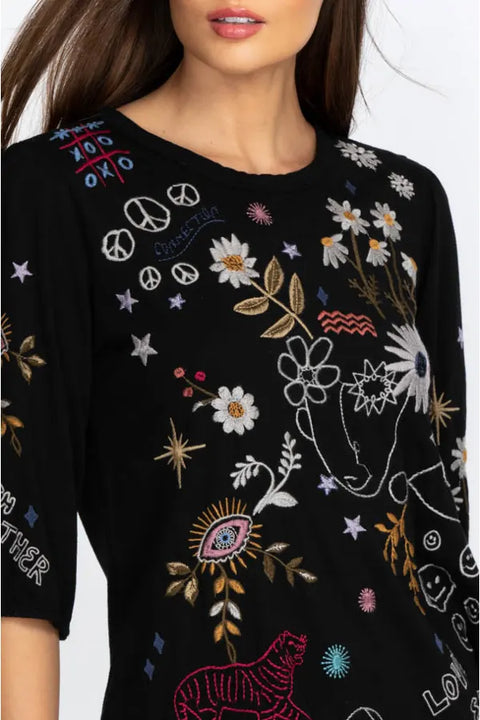 Johnny Was Soho Puff Long Flower Shirt Embroidery Floral Tee Black Top Small NEW