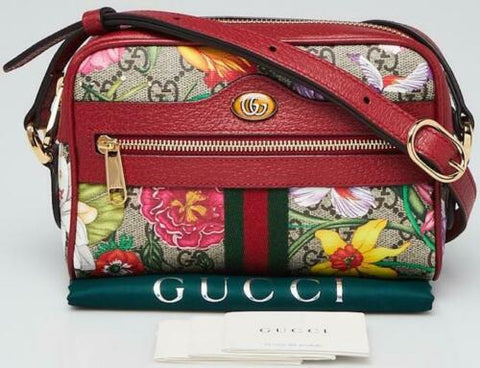 Gucci Ophidia Red Flora Small Camera Leather Canvas Flower Handbag Bag Italy New