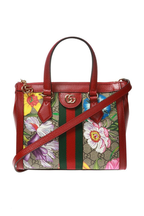 Gucci Ophidia Red Flora Small Tote GG Leather Canvas Flower Handbag Bag Italy NEW