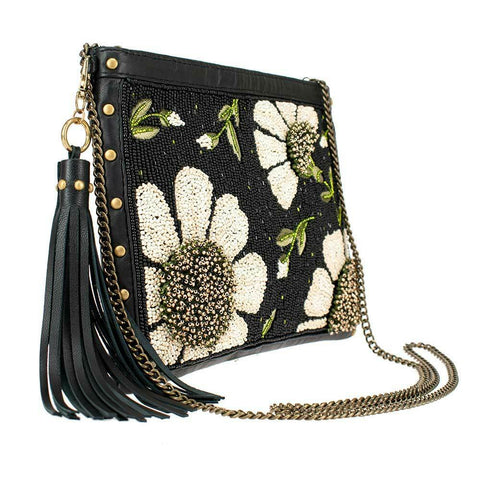 Mary Frances Beaded Sunshine Daisies Leather Crossbody Handbag Black Bag Zip New