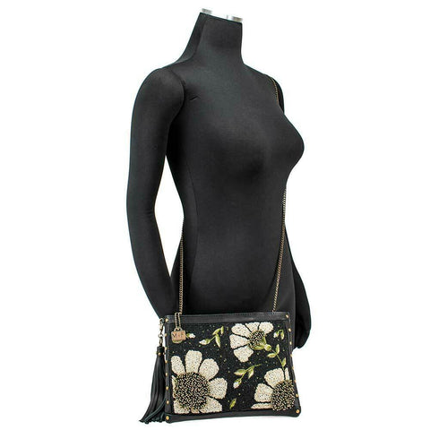 Mary Frances Beaded Sunshine Daisies Leather Crossbody Handbag Black Bag Zip New